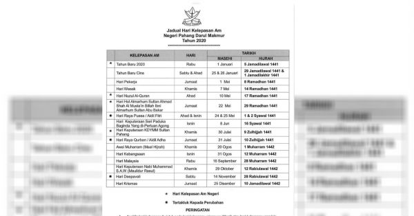 彭亨州2020年的公共假期列表。 （取自彭州政府面书）