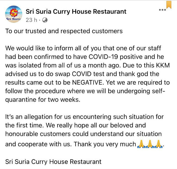 Sri Suria印度餐馆在面书上发文，称已自行隔离1个月的员工，证实确诊新冠肺炎。（面书截图）