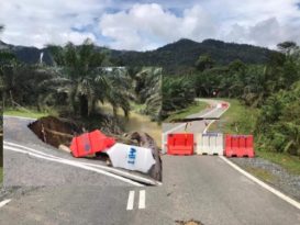 ◤登州水灾◢ 不堪地下洪水冲袭  往直默隆瀑布道路崩塌
