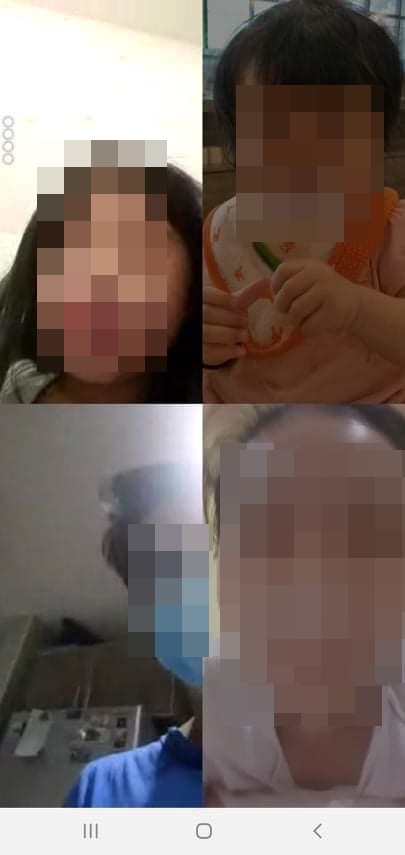梁丽洁（右下方）进行自我隔离中，与同住一屋的丈夫及孩子，进行视频通话。