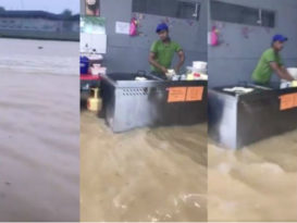 ◤看视频◢店铺淹水  小贩淡定煎饼