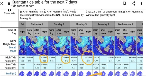 关丹沿海未来3日将面对多次大涨潮，恐殃及沿岸低洼区。