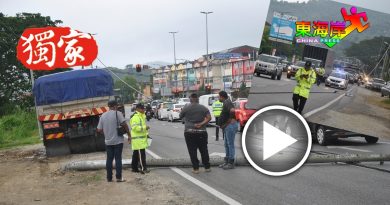 罗厘撞轿车和电灯柱 　电缆落地 引发塞车