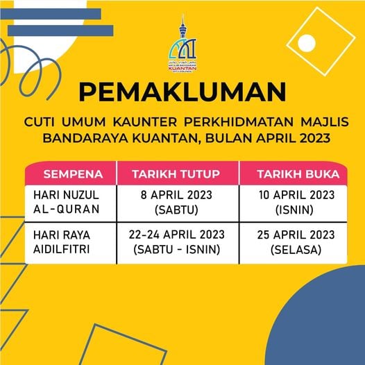 关丹市政厅公布总部服务柜台将配合可兰经降世日（8日），及开斋节（22日）期间关闭。
