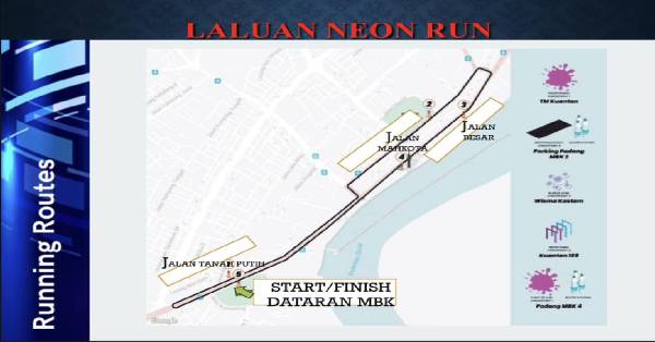 从关丹市政厅广场开始的“点亮城景”夜间跑步活动Neon Run，涉及路线包括关丹大街及马哥打路。