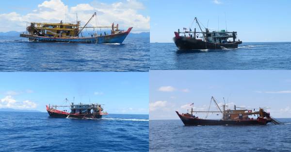 大马海事执法机构巡逻队一日内，在刁曼岛以东方向发现4艘非法捕捞鱼获C型渔船。