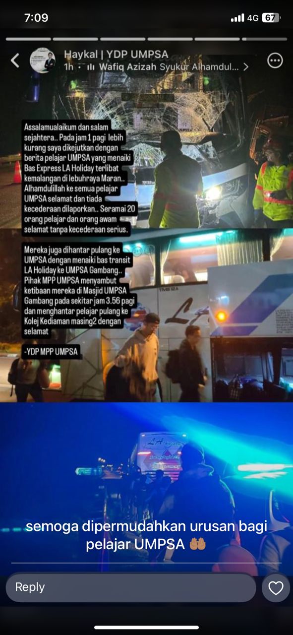 社交媒体发帖指巴士上有20名彭亨苏丹阿都拉大学学生，随后被安排载送回校。